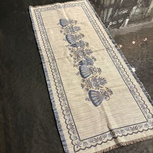VTG Austrian Woven Table Runner Bavarian Dancers Cotton & Linen Blue Folk Art